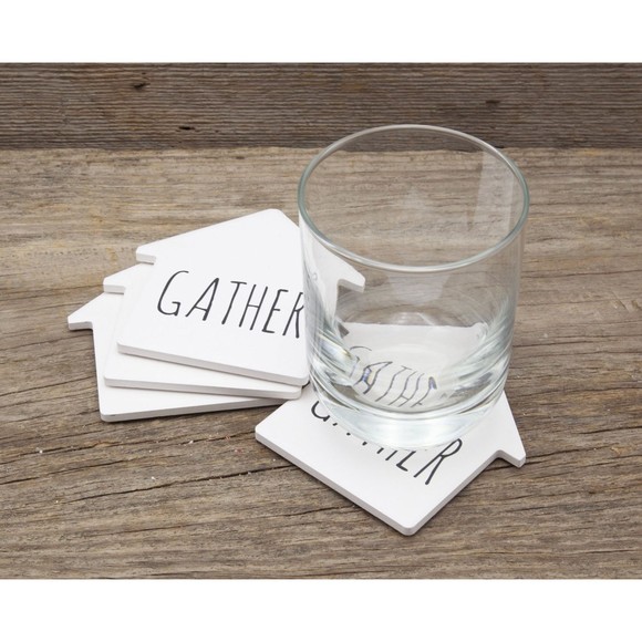 Celebrate Decorative Coaster Set House Shape Gather White Stoneware Coasters 4pc - Picture 4 of 5